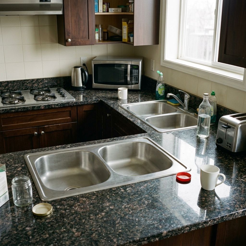 The same kitchen after cleaning: clear counters and a polished sink